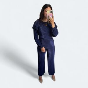 Halogen Navy Long Sleeve Plissé Jumpsuit Size Small